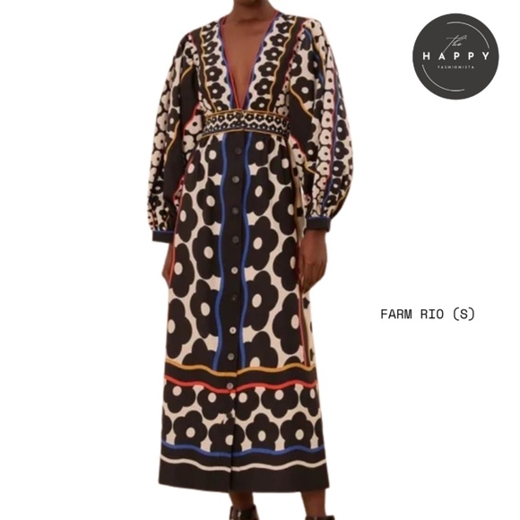 NWT Farm Rio Black and White Farm Daisy Plunging Neck Maxi Dress (S) - Picture 1 of 9